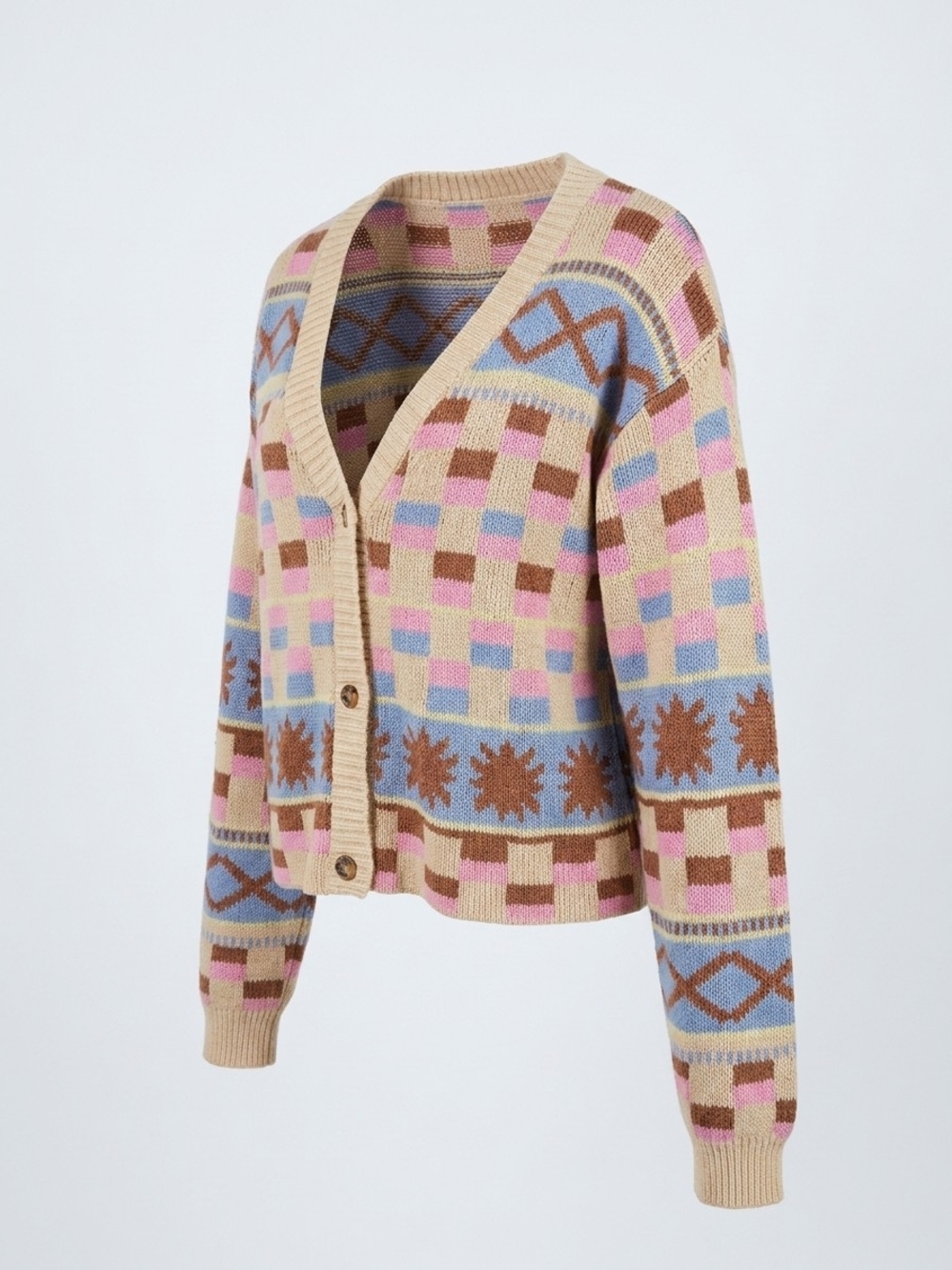 LA Hearts XS Geometric Knit Cardigan Pink Blue Brown Retro Southwestern